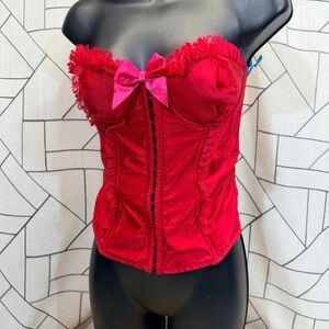 Victoria's Secret Corset Top 36C Red Excellent Lace Up Satin Polka Dot Bow